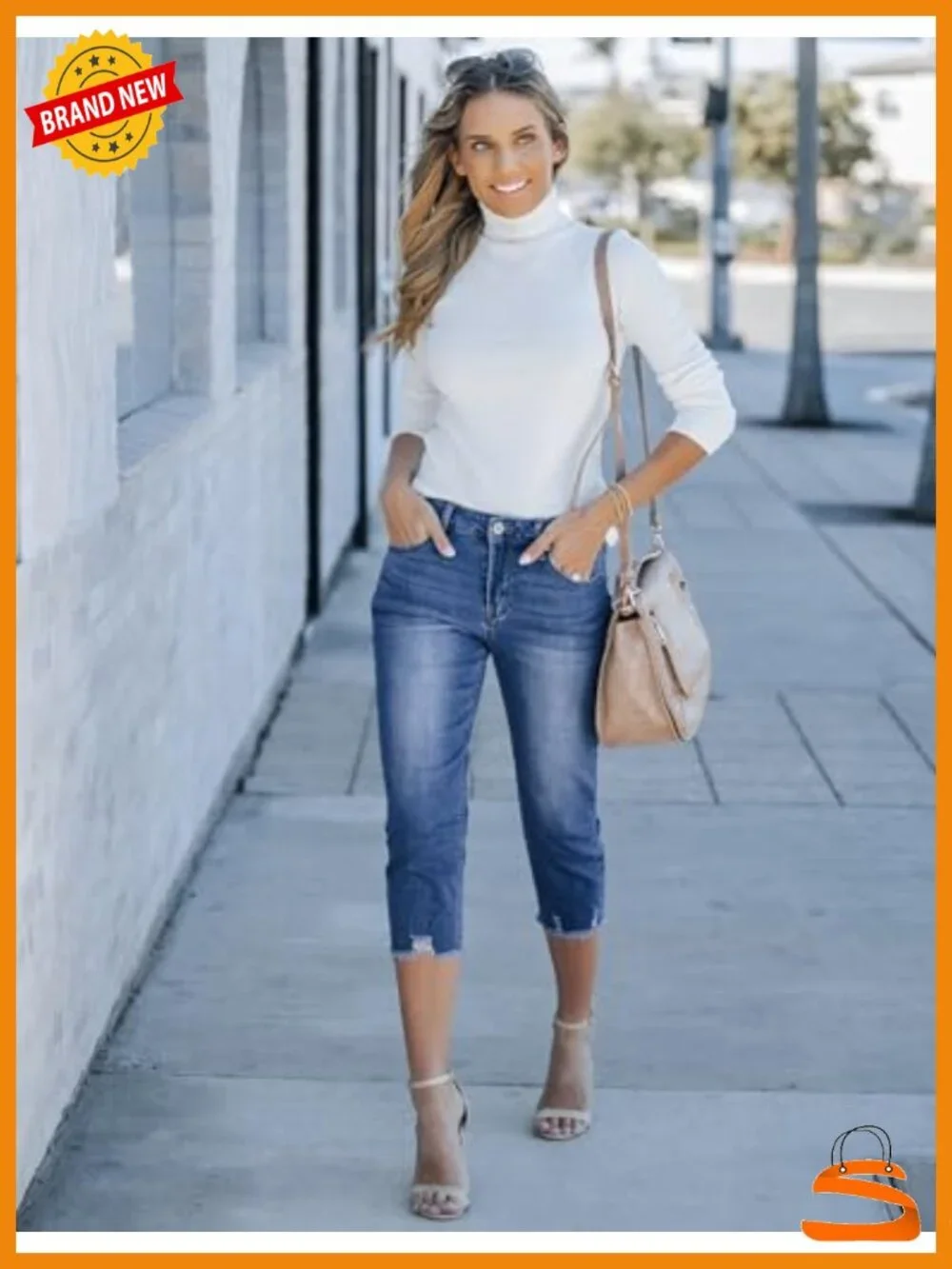 High Waisted Ripped Skinny Denim Capris Stretchy Jeggings with Pockets